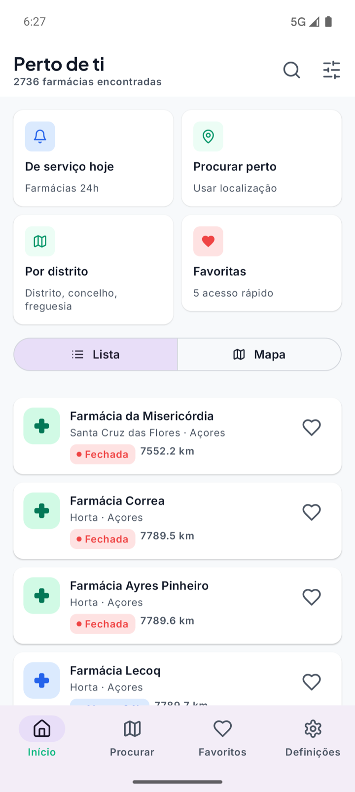 Ecrã inicial da FarmaPerto a mostrar farmácias perto de ti